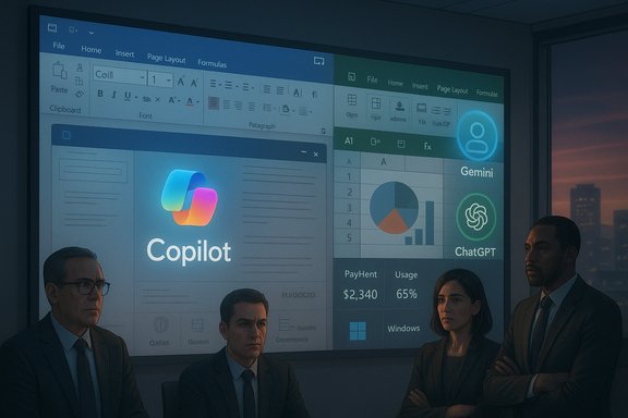 A corporate team stands in a boardroom as a large screen displays Copilot, Gemini and ChatGPT dashboards.
