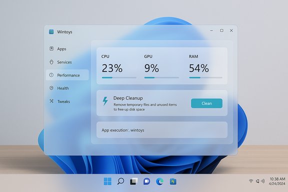 Translucent Windows-style performance dashboard showing CPU, GPU, RAM and a Deep Cleanup option.