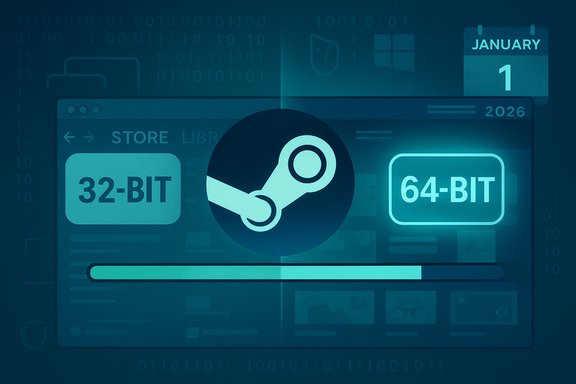 Steam-like UI showing 32-bit and 64-bit options with a loading progress bar.