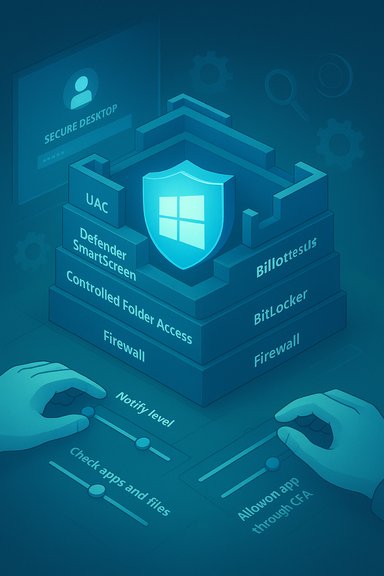 A 3D fortress of Windows security features (UAC, Defender, BitLocker) centered by a shield.