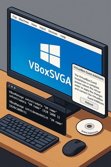 A computer screen shows VirtualBox with a VBoxSVG logo and a Guest Additions prompt.