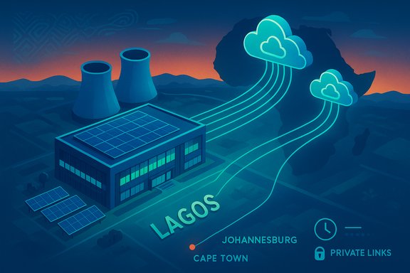 A futuristic Lagos data hub with solar panels and neon cloud links.