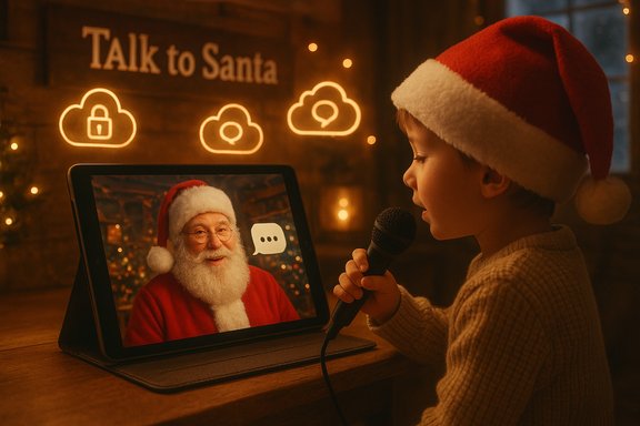 A child in a Santa hat speaks into a microphone to Santa on a tablet during a cozy video call.