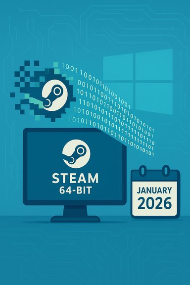 Illustration of Steam 64-bit on Windows, with binary code and a January 2026 calendar.