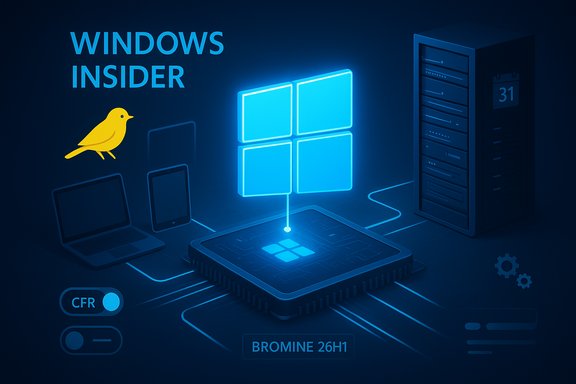 Futuristic Windows Insider concept with a glowing Windows tile above a processor and connected devices.