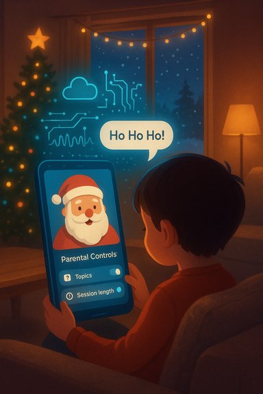 Child sits by a Christmas tree, using a phone to manage parental controls with Santa on screen.