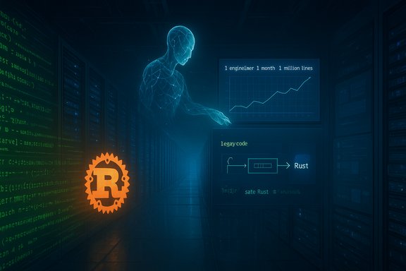 A translucent holographic figure floats among server racks beside a Rust logo and charts.