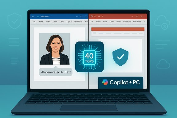 A laptop screen split between two docs shows AI-generated alt text, a 40 TOPS chip, and Copilot branding.