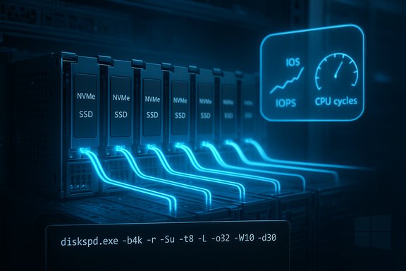 Blue neon server rack with NVMe SSDs and glowing cables, displaying disk I/O performance.