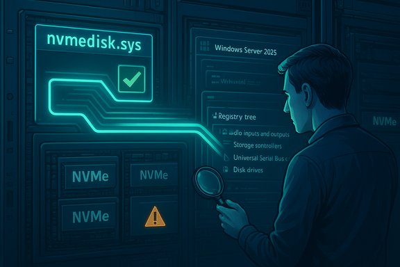 A technician inspects an NVMe server rack with a magnifying glass.
