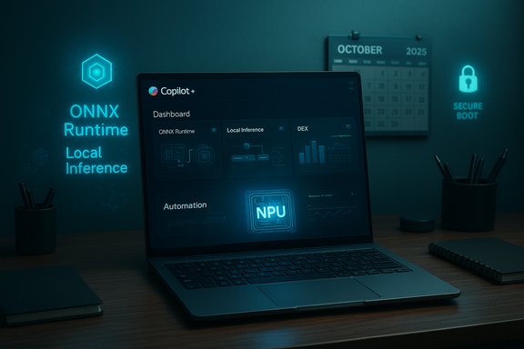 Laptop displays Copilot+ dashboard with ONNX Runtime Local Inference and a glowing NPU.