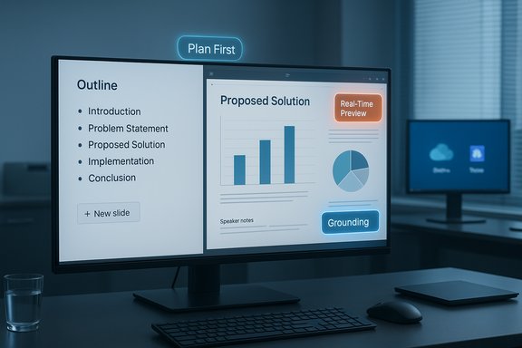 Office desk with a split slide: left outline, right charts, glowing Plan First label.