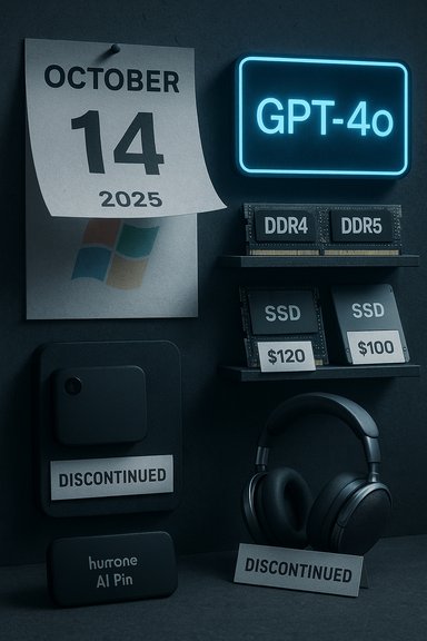 A futuristic tech display featuring a GPT-40 neon sign, RAM, SSDs with prices, and discontinued labels.