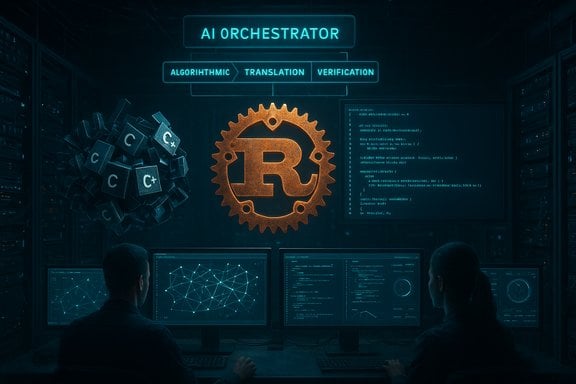 Futuristic AI orchestrator setup with a gear emblem, code, and multi-monitor data center.