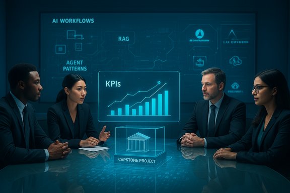 Four professionals in a boardroom review KPIs shown as a holographic projection.