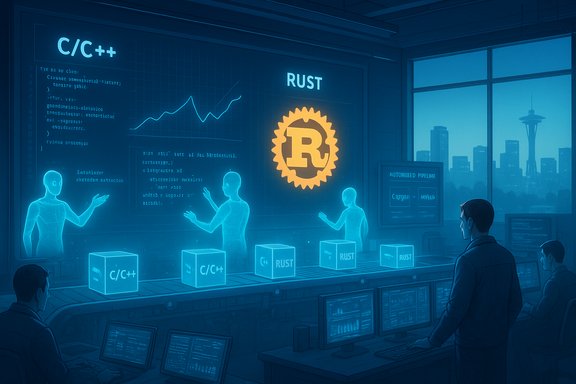 Futuristic command center featuring the Rust logo and C/C++ labels.