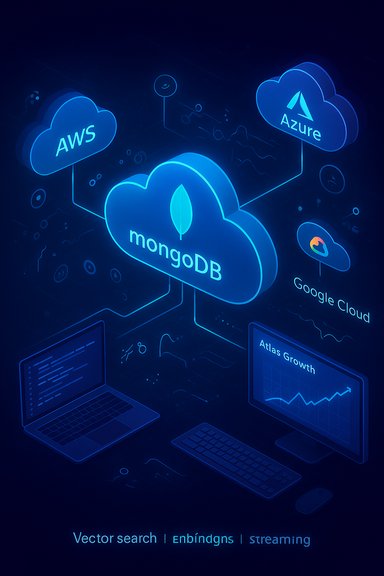 A neon blue cloud network centered on MongoDB Atlas, connecting AWS, Azure, and Google Cloud.