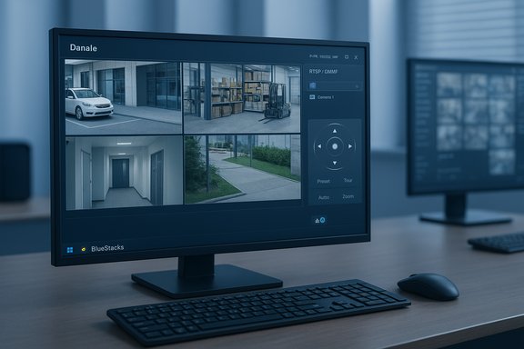 A security monitor showing four camera feeds of a facility’s exterior, hallway, and loading area.