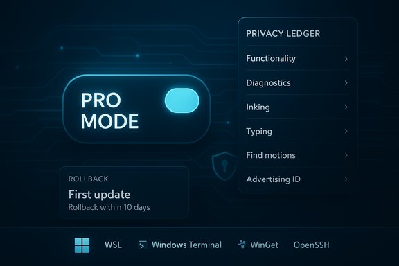 Pro Mode toggle on a privacy ledger UI with rollback notice and bottom task bar.