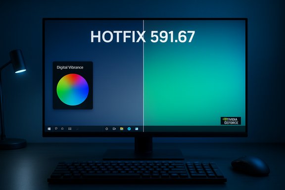 Dim desk setup with a split monitor displaying HOTFIX 591.67 on the left and a teal gradient on the right.