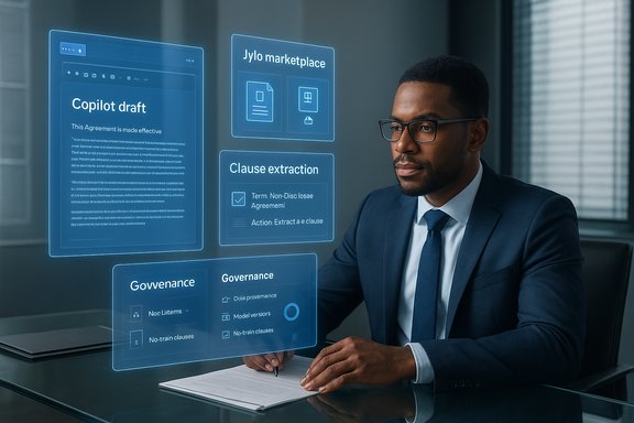 Businessman in a suit reviews holographic contract and governance panels.