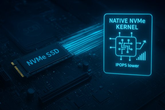 NVMe SSD on a motherboard with a blue holographic panel reading Native NVMe Kernel and IOPS lower.