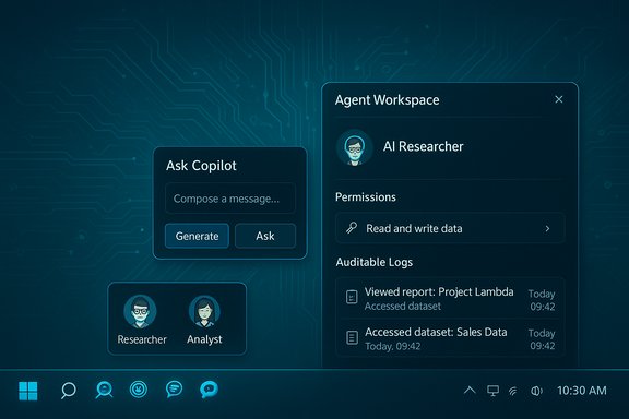 Futuristic AI cockpit with an Agent Workspace and Copilot chat panels, plus Researcher and Analyst avatars.