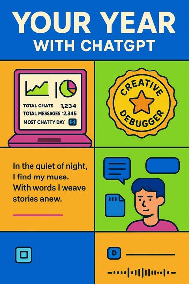 Colorful poster titled 'Your Year with ChatGPT' showing charts, a Creative Debugger badge, and a person chatting. Colorful poster titled 'Your Year with ChatGPT' showing charts, a Creative Debugger badge, and a person chatting.