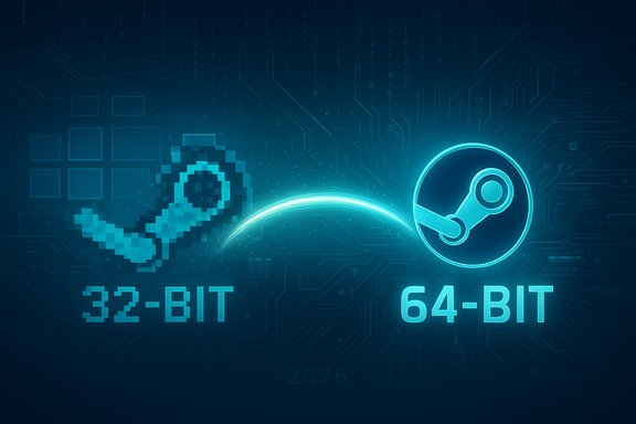 Neon illustration shows upgrading from 32-bit to 64-bit computing on a circuit-board background.
