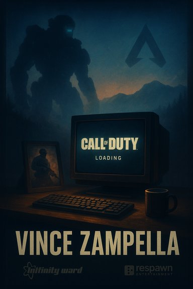 Dark poster shows a giant mecha looming over a retro computer loading Call of Duty.