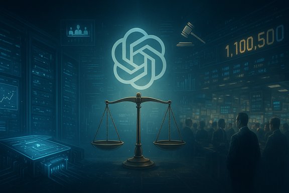 A digital courtroom scene featuring the scales of justice above data screens and a crowd.