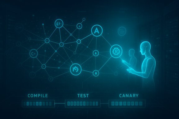 Futuristic holographic network showing compile, test, and canary deployment with a human figure.