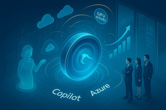 Azure Copilot hub: a holographic interface showing GPU hours boosting cloud analytics.