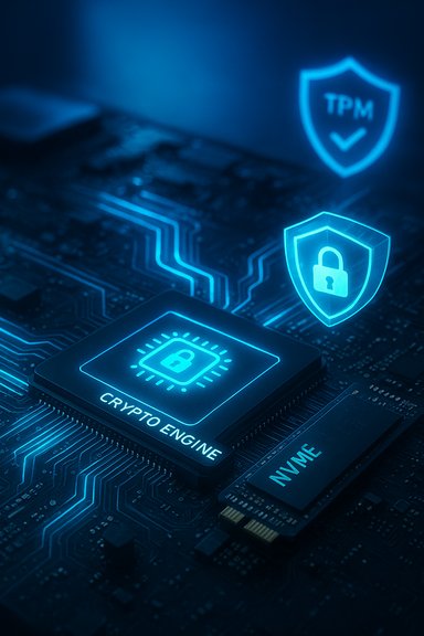 Glowing blue crypto engine chip on a circuit board with security shields.