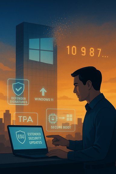 A man types on a laptop as holographic security icons (Windows 11, Secure Boot) hover over a sunset city.