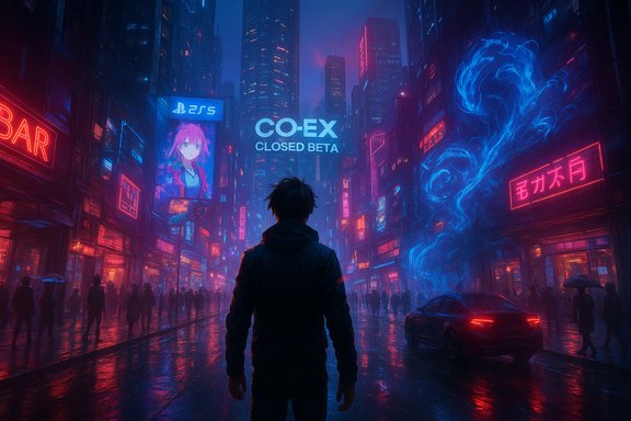A lone figure stands in a neon-soaked cyberpunk city, rain-slick streets illuminated by neon signs.