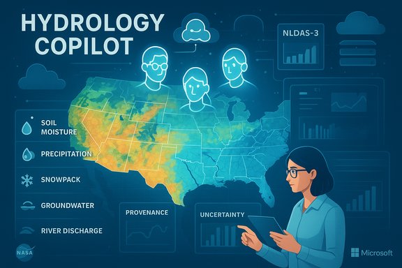 Hydrology Copilot visualizes US hydrology data (soil moisture, precipitation, snowpack) for analysis.