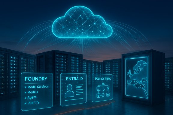 Futuristic data center with a glowing cloud network and holographic panels for identity, access, and policy.