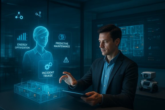 A man in a suit interacts with a holographic dashboard featuring energy optimization and predictive maintenance.