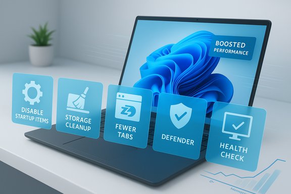 Laptop with blue optimization cards showing boosted performance.