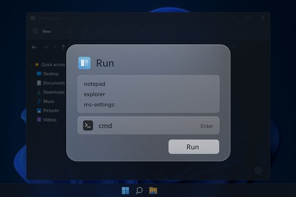 Windows Run dialog floating over a blurred desktop, showing notepad, explorer, ms-settings, and cmd.