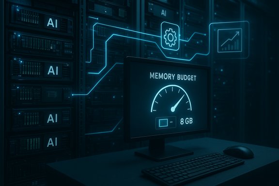 AI server racks in a data center with a memory budget gauge reading 8 GB.