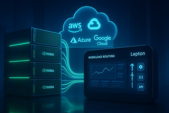 NVIDIA servers glow in a blue data center routing workloads to AWS, Azure, and Google Cloud via a dashboard.