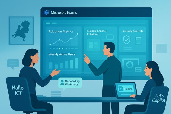 Team members review Microsoft Teams metrics on a large display during a training session.