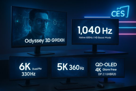 CES booth showing multiple ultra-fast monitors: 6K/5K at high Hz and QD-OLED 4K.
