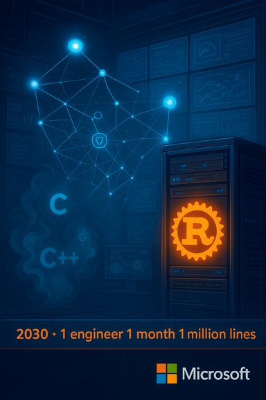 A futuristic data center with a glowing node network, code icons, and a Microsoft server.