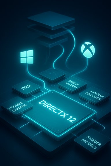 Neon DirectX 12 chip diagram featuring DXR, mesh shaders, and shading options.