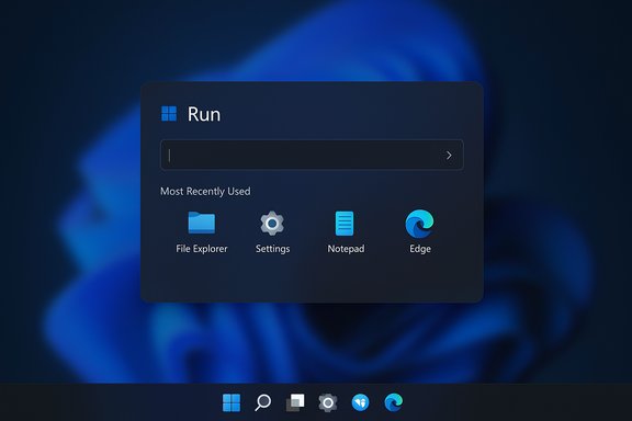 Windows-style Run dialog on a dark desktop, showing recent apps: File Explorer, Settings, Notepad, Edge.