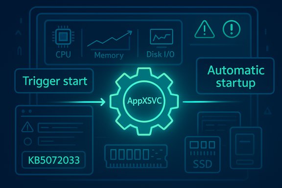 Neon tech diagram with AppXsvc gear at center, connecting trigger start to automatic startup.