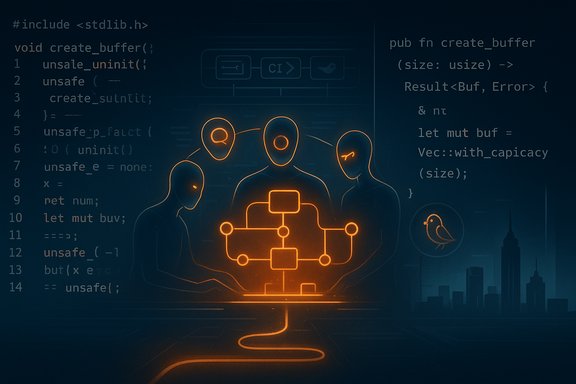 Neon orange neural network diagram surrounded by programmer silhouettes against a code-filled cityscape.